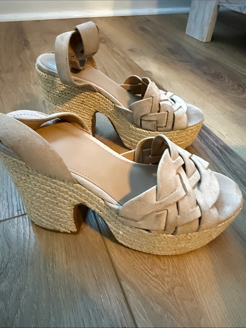 Beige Woven Espadrille Platform Sandals - Women's